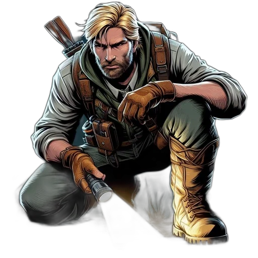 weapon, comic book art, concept art, fantasy art, pixel art, earth tones, bearded, man transparent PNG cut-out