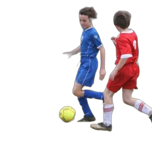 young, boy, blue, soccer, uniform, playing, another, red transparent PNG cut-out