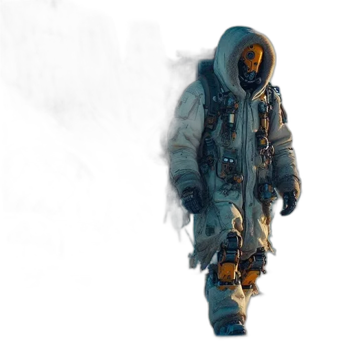 jacket, mask, robot, weapon, concept art, cyberpunk, 3d render, pixel art transparent PNG cut-out