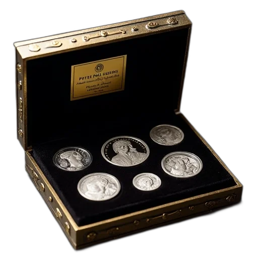 collection, silver, coins, various, designs, displayed, black, box transparent PNG cut-out