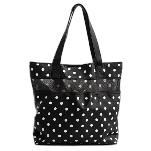 monochrome, black, white, polka, dot, patterned, tote, bag transparent PNG cut-out