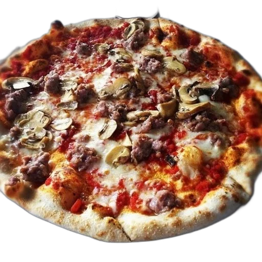 food, 3d render, photorealistic, delicious, pizza, mushrooms, sausage, white transparent PNG cut-out