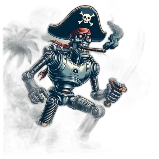 concept art, fantasy art, comic book art, 3d render, robotic, pirate, stands, beach transparent PNG cut-out