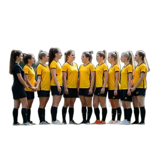 staff, group, young, women, wearing, yellow, black, uniforms transparent PNG cut-out