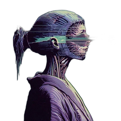 mask, robot, face, hair, cyberpunk, concept art, vaporwave, comic book art transparent PNG cut-out