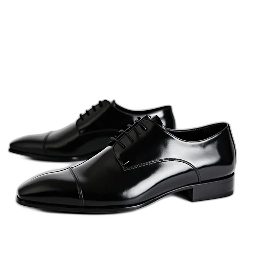 shoes, photorealistic, monochrome, pair, black, dress, glossy, finish transparent PNG cut-out