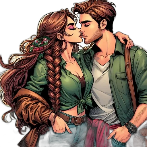 comic book art, fantasy art, concept art, cartoon, fire, earth tones, intimate, moment transparent PNG cut-out