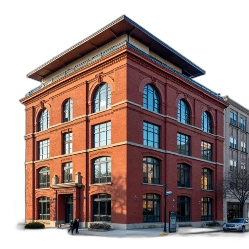 building, 3d render, city street, red, brick, large, windows, brown transparent PNG cut-out