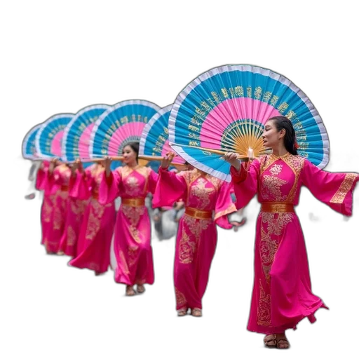 umbrella, staff, 3d render, group, performers, traditional, chinese, attire transparent PNG cut-out