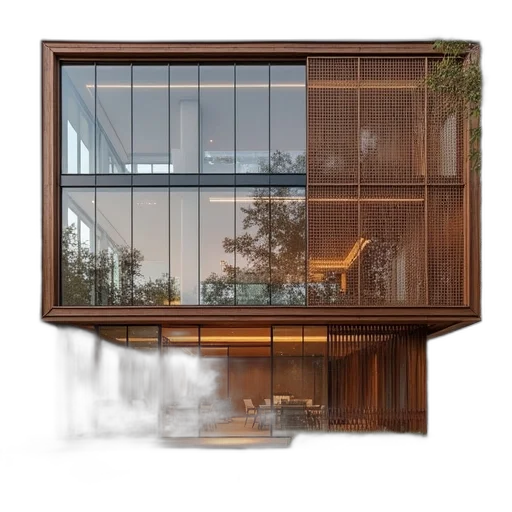 building, furniture, 3d render, photorealistic, concept art, earth tones, large, glass transparent PNG cut-out
