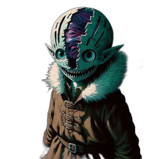 mask, creature, jacket, face, concept art, fantasy art, comic book art, watercolor transparent PNG cut-out