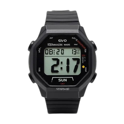 black, silver, digital, wristwatch, strap, displayed, against, white transparent PNG cut-out