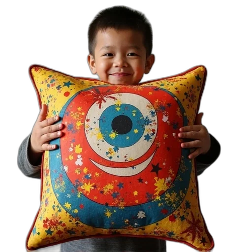 photorealistic, 3d render, boy, holding, pop, art, cushion transparent PNG cut-out