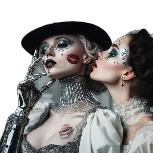 mask, two, women, elaborate, steampunk-inspired, costumes, intricate, makeup transparent PNG cut-out
