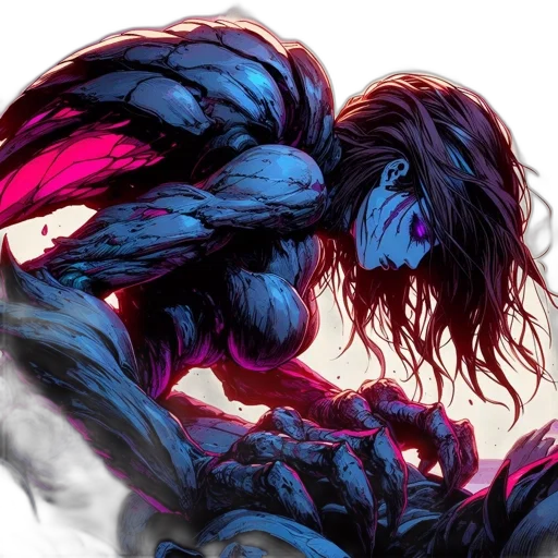 creature, hair, comic book art, concept art, cyberpunk, fantasy art, neon lights, dark transparent PNG cut-out