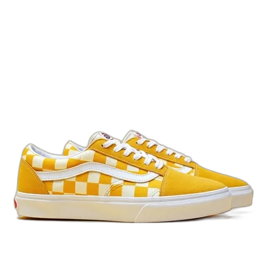 shoes, pair, yellow, white, checkered, sneakers, sole, red transparent PNG cut-out