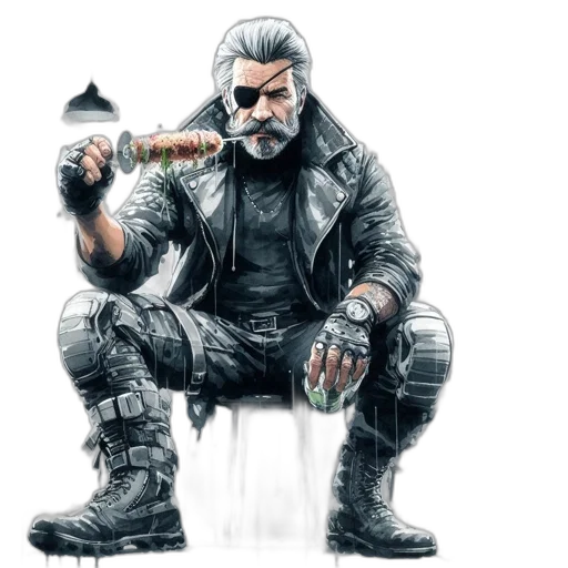 weapon, sword, jacket, concept art, fantasy art, comic book art, pixel art, monochrome transparent PNG cut-out