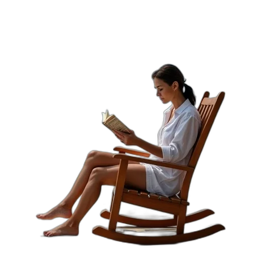 furniture, 3d render, photorealistic, woman, sitting, wooden, rocking, chair transparent PNG cut-out