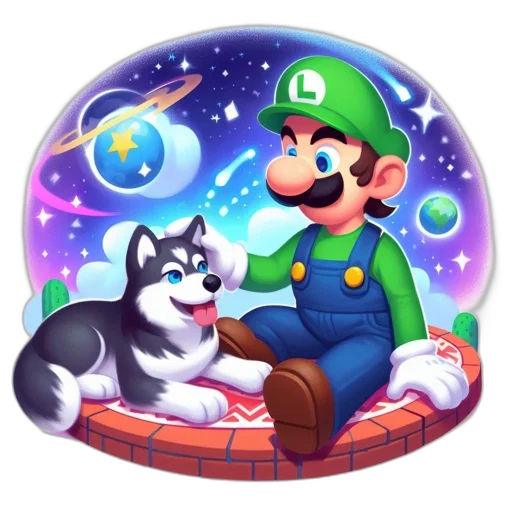 pixel art, concept art, fantasy art, 3d render, outer space, green, luigi, mario transparent PNG cut-out