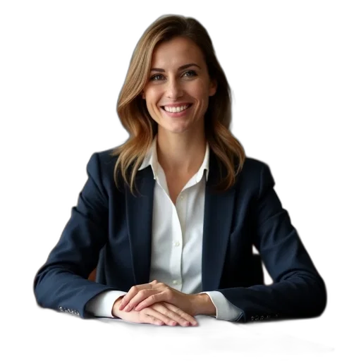 staff, jacket, face, woman, business, suit, seated, desk transparent PNG cut-out