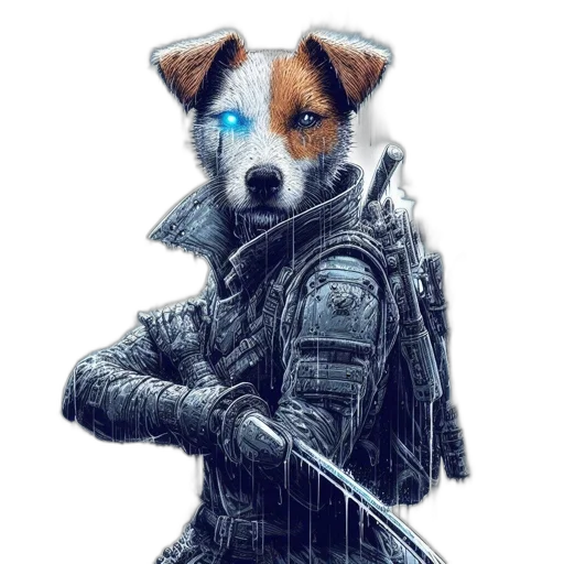 animal, jacket, robot, weapon, cyberpunk, concept art, pixel art, comic book art transparent PNG cut-out