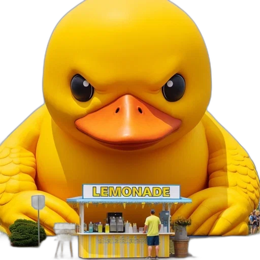 animal, 3d render, inflatable, yellow, duck, sits, amidst, crowd transparent PNG cut-out