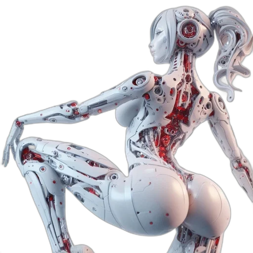 robot, concept art, cyberpunk, 3d render, anthropomorphic, resembling, woman, exhibits transparent PNG cut-out