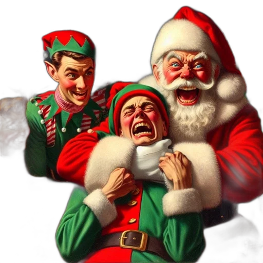 santa, claus, elves, engage, festive, scene, laughter, surprised transparent PNG cut-out