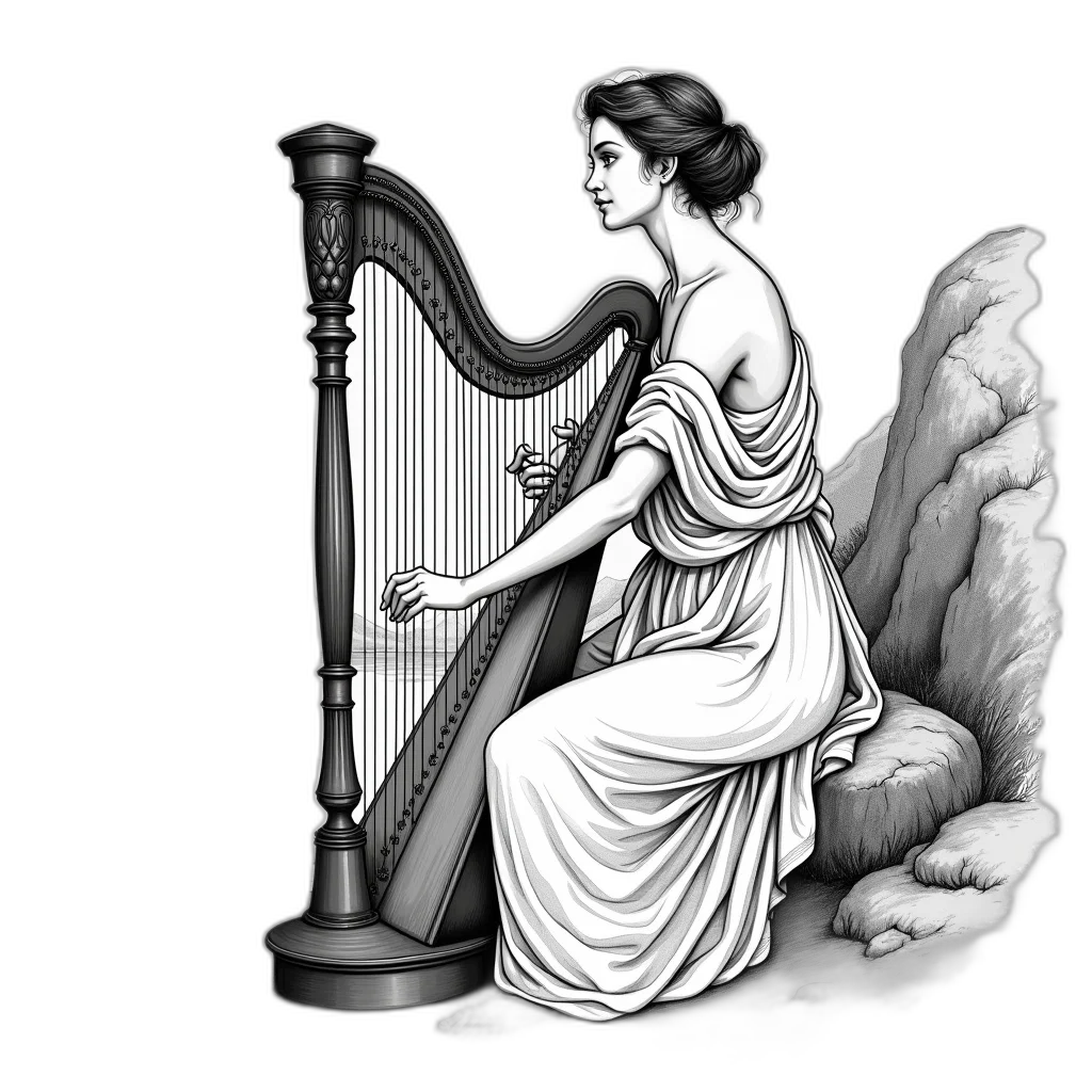 black, white, illustration, woman, playing, lyre, wearing, dress transparent PNG cut-out