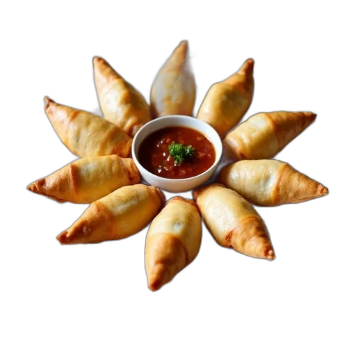 food, photorealistic, plate, samosas, placed, wooden, table, arranged transparent PNG cut-out