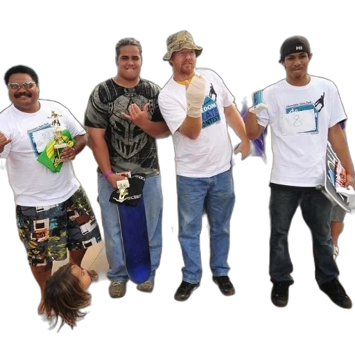 staff, group, men, stand, together, holding, trophies, skateboards transparent PNG cut-out