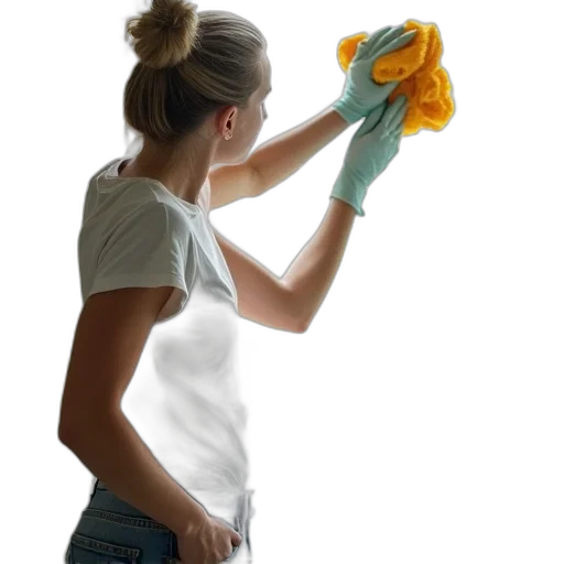 staff, mask, photorealistic, oil painting, young, woman, cleaning, window transparent PNG cut-out