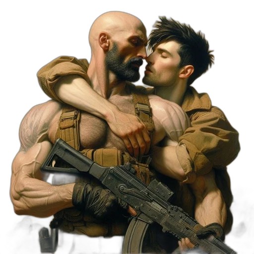 weapon, concept art, cyberpunk, comic book art, photorealistic, fire, two, men transparent PNG cut-out