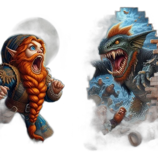 concept art, fantasy art, comic book art, two, panels, one, features, resplendent transparent PNG cut-out
