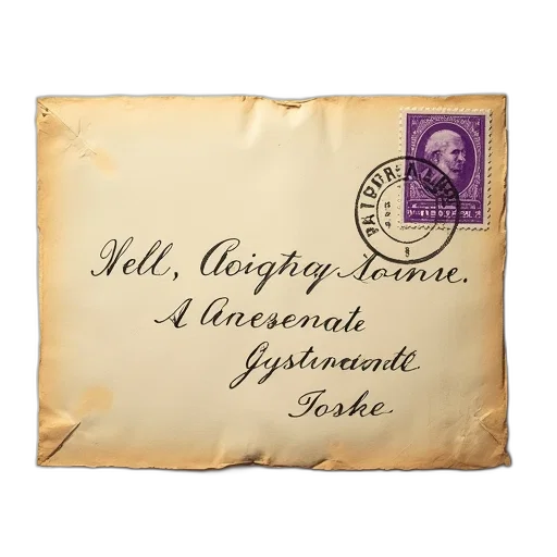 vintage-style, envelope, handwritten, address, cursive, script, beige, worn transparent PNG cut-out