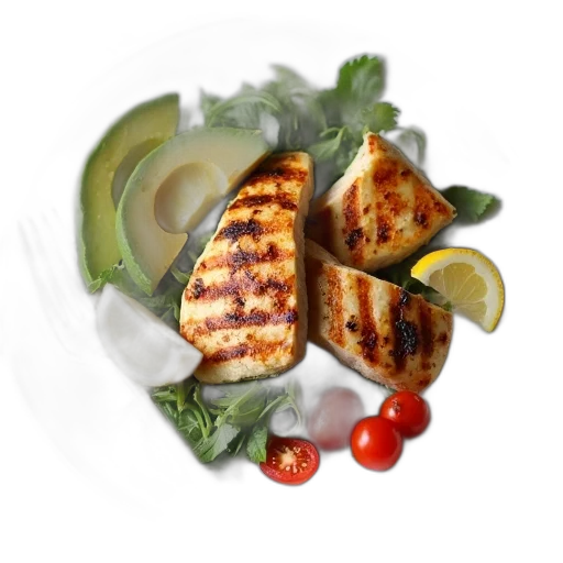 food, photorealistic, 3d render, plate, variety, ingredients, including, grilled transparent PNG cut-out