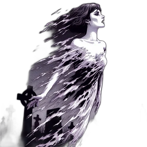 dress, creature, comic book art, fantasy art, concept art, photorealistic, monochrome, dark transparent PNG cut-out