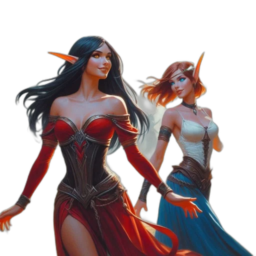 concept art, fantasy art, comic book art, 3d render, red, two, elven, women transparent PNG cut-out