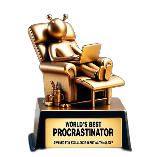 gold, trophy, world, best, procrastinator, figurine, desk, office transparent PNG cut-out