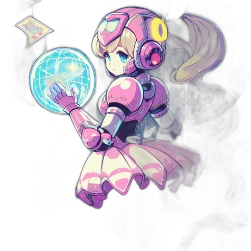 robot, staff, weapon, concept art, pixel art, vaporwave, watercolor, outer space transparent PNG cut-out