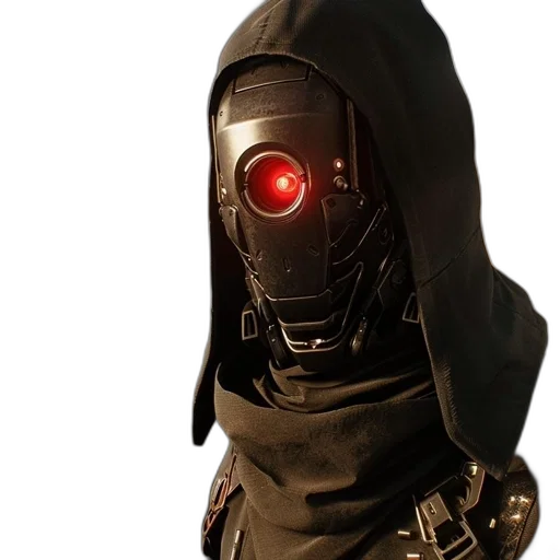 robot, mask, jacket, staff, cyberpunk, concept art, 3d render, character transparent PNG cut-out