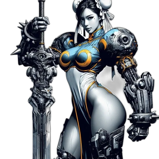robot, weapon, concept art, fantasy art, comic book art, cyberpunk, woman, wearing transparent PNG cut-out