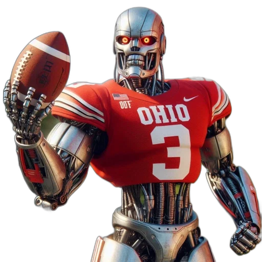 robot, metallic, red, jersey, holds, american, football, city transparent PNG cut-out