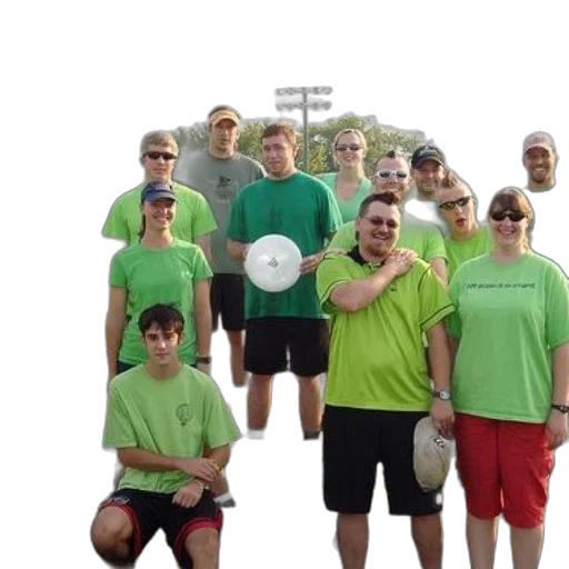 staff, group, people, wearing, green, shirts, pose, photo transparent PNG cut-out