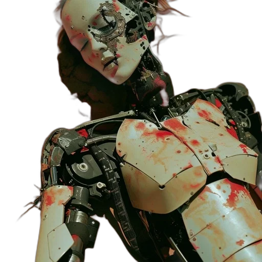 robot, face, cyberpunk, concept art, comic book art, 3d render, red, lies transparent PNG cut-out
