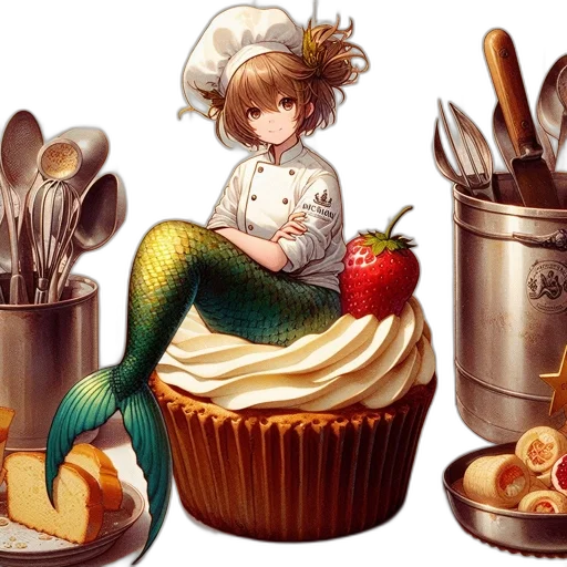 food, pixel art, photorealistic, concept art, fantasy art, animated, mermaid-chef, hybrid transparent PNG cut-out