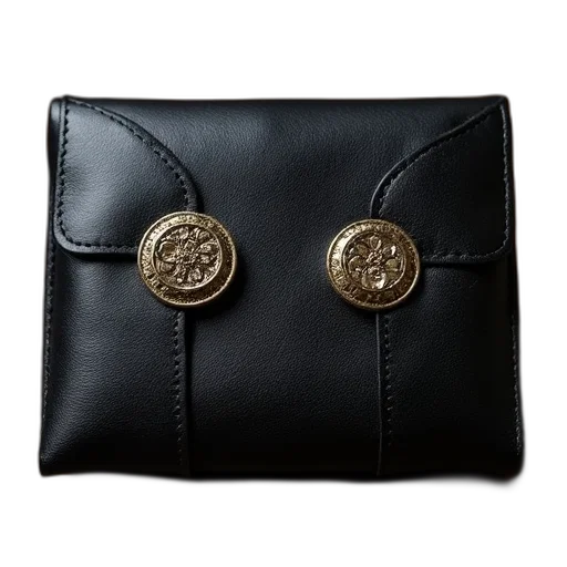 jewelry, black, leather, wallet, two, circular, ornate, metal transparent PNG cut-out