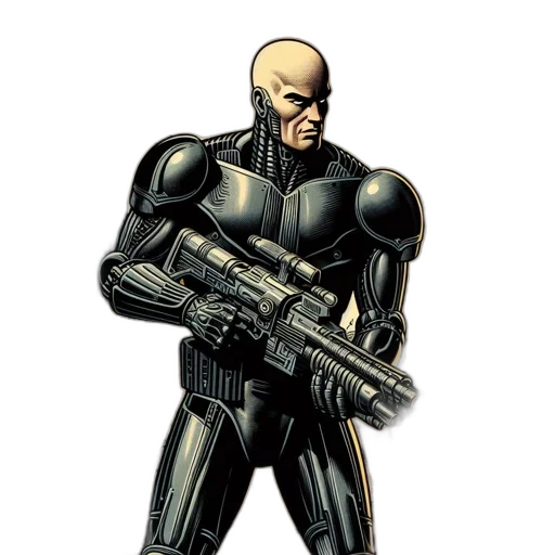 weapon, robot, comic book art, concept art, bald, figure, black, armor transparent PNG cut-out