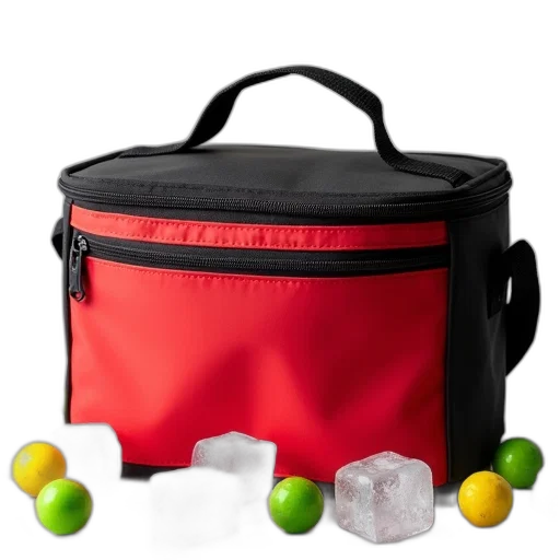 food, 3d render, red, black, cooler, bag, handle, placed transparent PNG cut-out