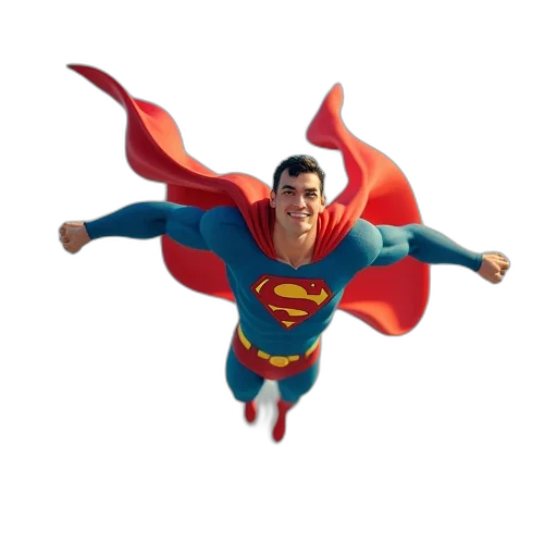 3d render, comic book art, concept art, cartoon, superman, flying, through, sky transparent PNG cut-out